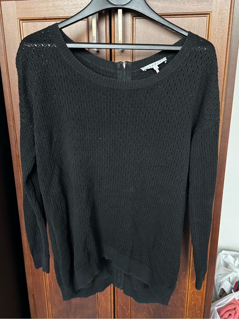 Sandro Paris Black Open Knit Back Zip Sweater Top Ring Pull 2 US Medium